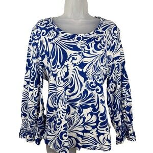 Chico's Paisley Cotton & Modal Smocked Cuff Blouse Size 2 (Women's 12) Coastal